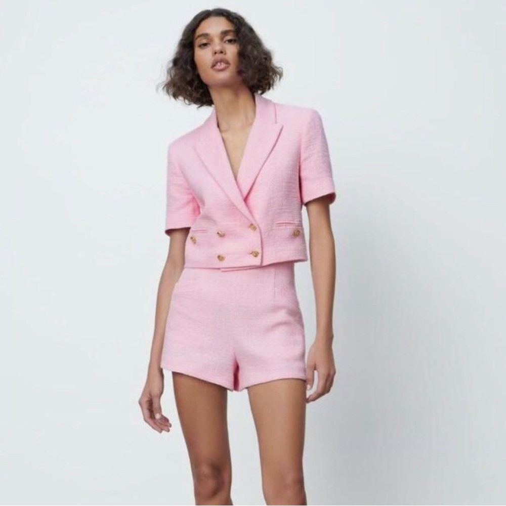 Zara Short Sleeve Cropped Pink Blazer Size Small
